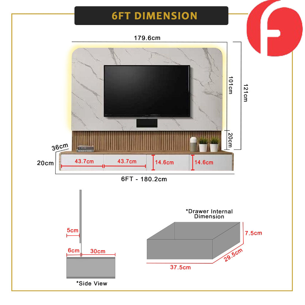 Genesis 6FT Hanging TV Console Floating with LED Backlight with Drawers