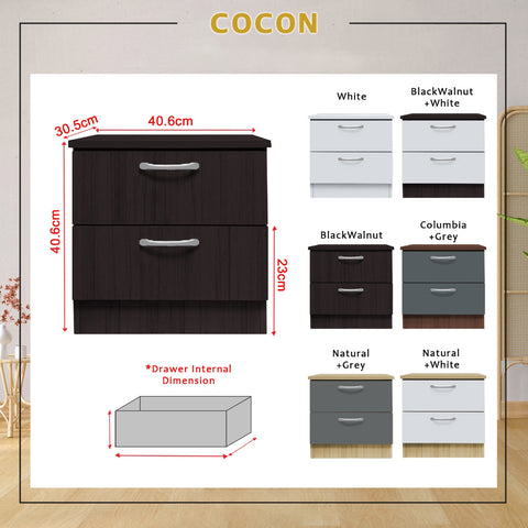 Image of Cocon Premium Bedside Table 2-Drawer Full Laminated Back Panel in 6 Colours