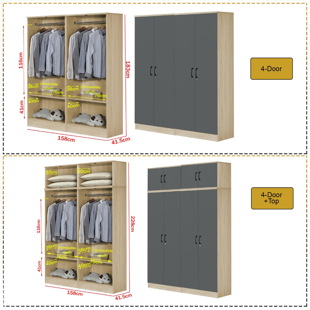 Florence Series 1/2/3/4/5 Doors Tall Wardrobe with Drawers and Top Cabinet in Natural