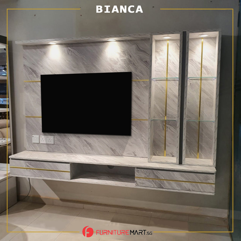 Bianca Hanging TV Console Floating with Display Shelf Cabinet & Built-in Light & Socket