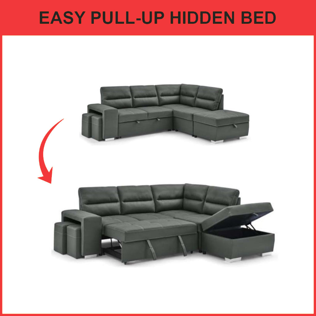 Jaylie Left-Right Reversible Sleeper Sectional Sofa with Ottoman Storage in Grey Pet Friendly Fabric