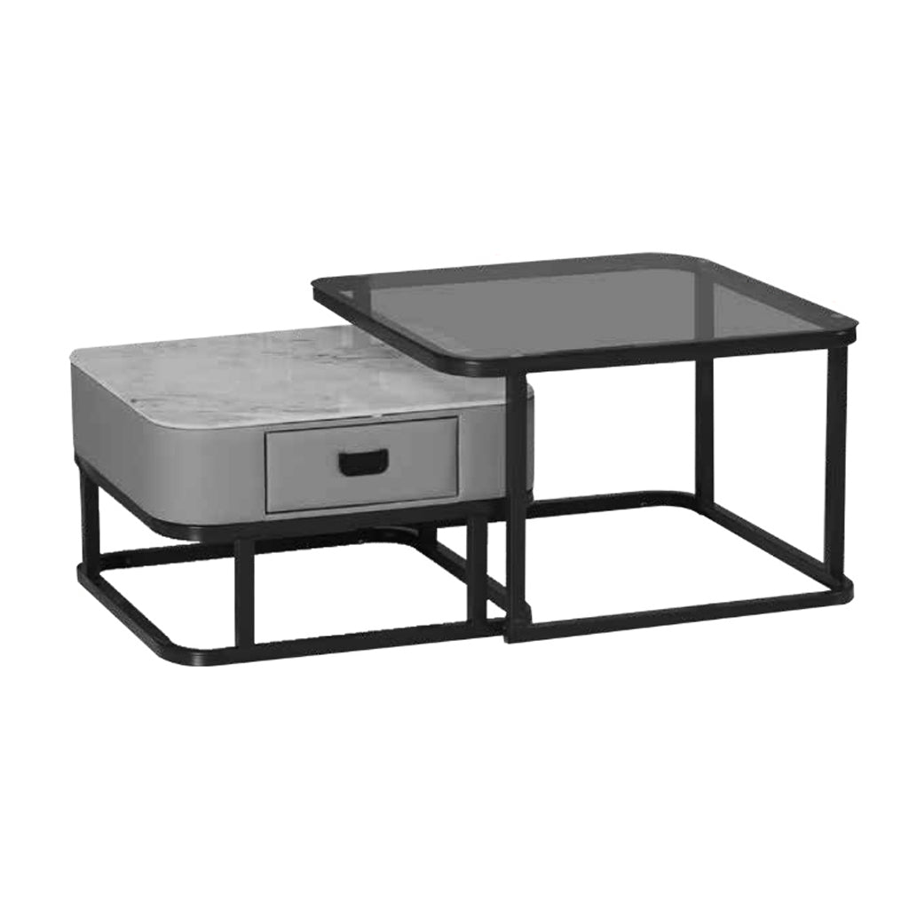 Henni 2-Piece Coffee Table with Drawer - Tempered Glass Top + Marble Ceramic Top