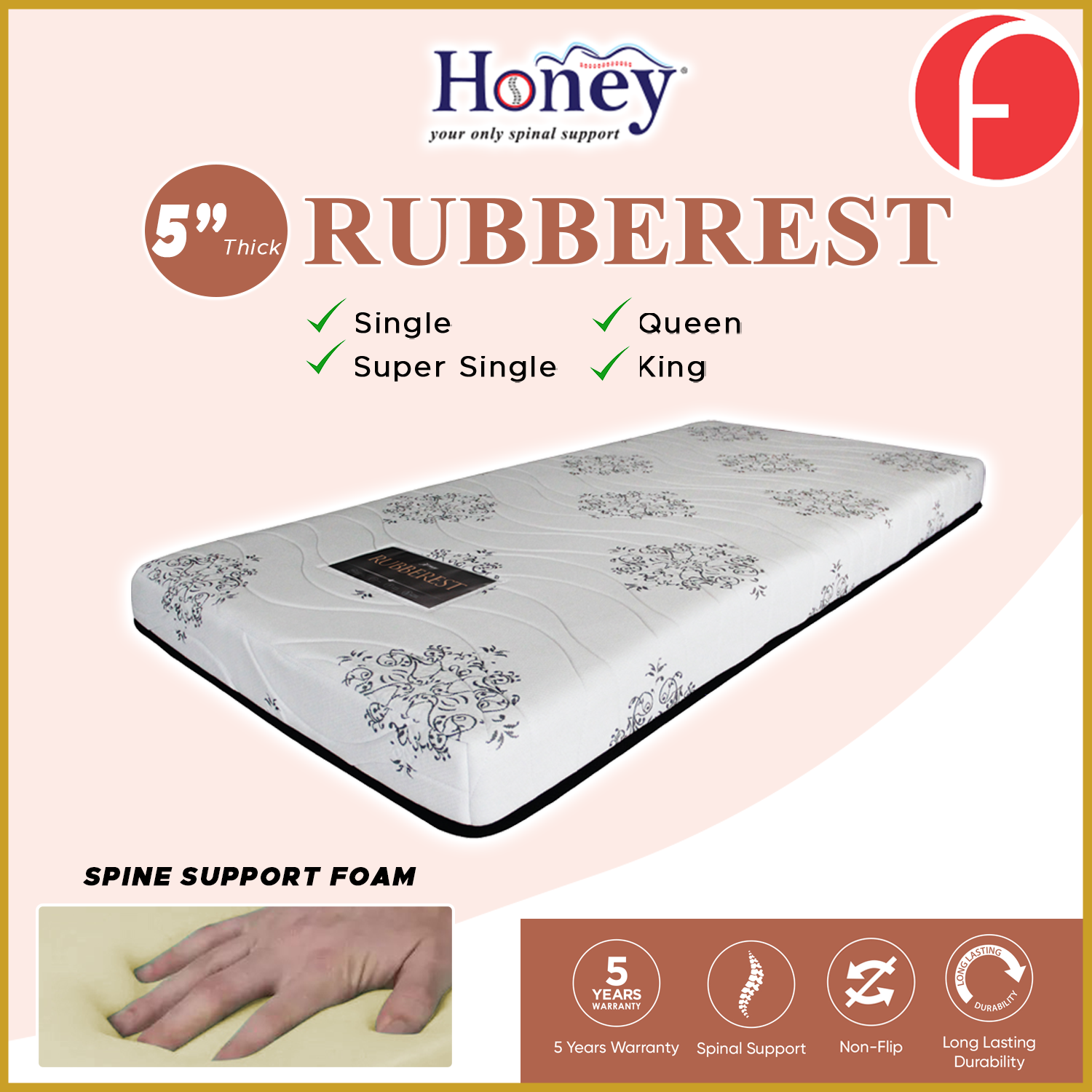 Honey Rubberest 5" Mattress Latex Spine Support Foam - All Sizes Available