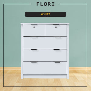 Flori 5-Drawers Premium Chest of Drawers Full Laminated Back Panel in 6 Colours