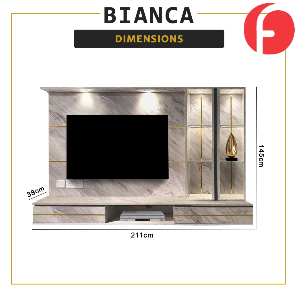 Bianca Hanging TV Console Floating with Display Shelf Cabinet & Built-in Light & Socket