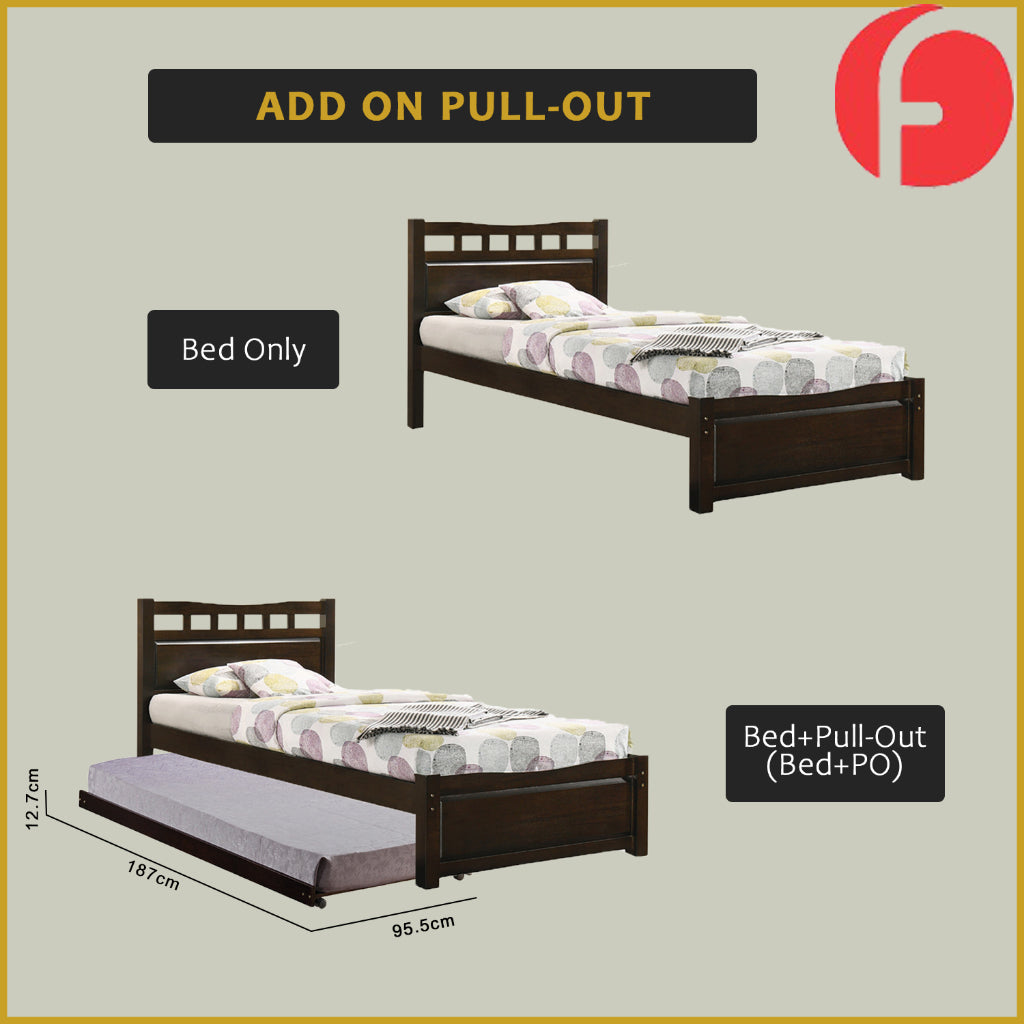 Frankie Single Pull-Out Bedframe MDF + Veneer Solid Wood Slatted Base  w/ Mattress Option