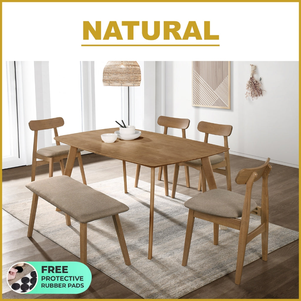 Fenza 4/6 Seater Nordic Dining Set w/ Table, Chair & Bench Solid Rubber Wood in 3 Colours
