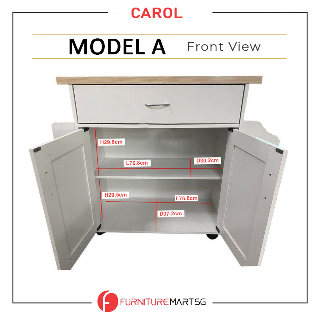 CAROL Mobile Kitchen Island/Storage Cabinet 2 Door with 4 Wheel Trolley Pantry White Color Solid Table Top
