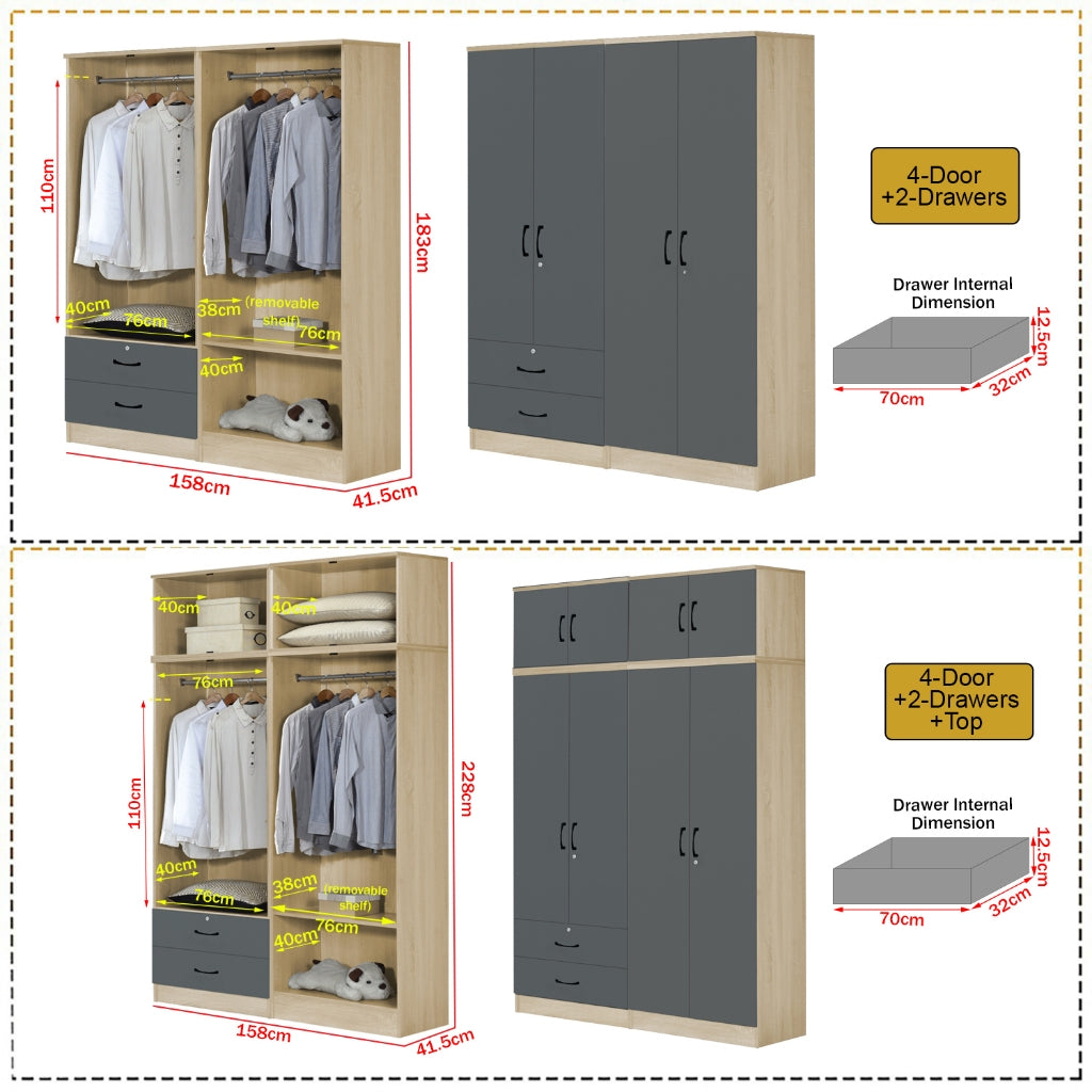 Florence Series 1/2/3/4/5 Doors Tall Wardrobe with Drawers and Top Cabinet in Natural
