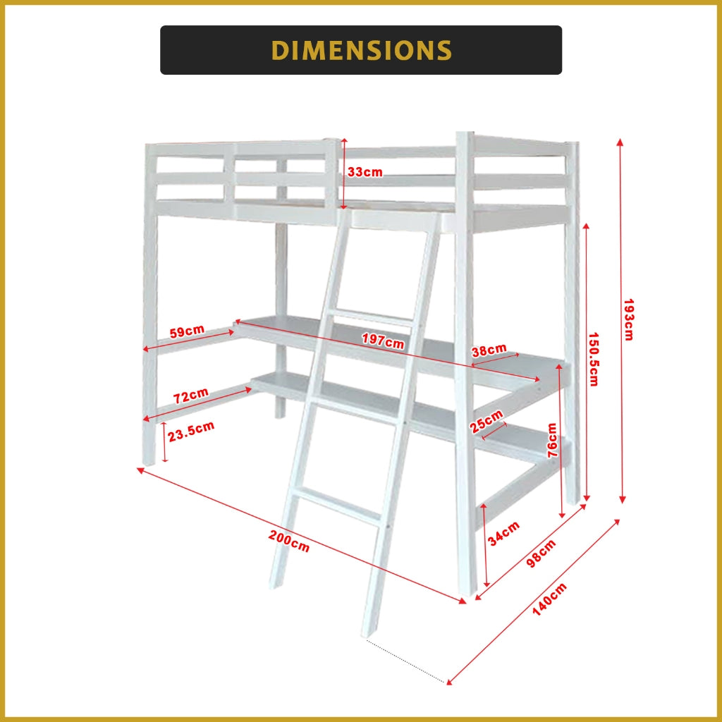 Lamer Single Loft Bed Solid Rubberwood Sturdy Durable in 3 Colours - w/ Mattress