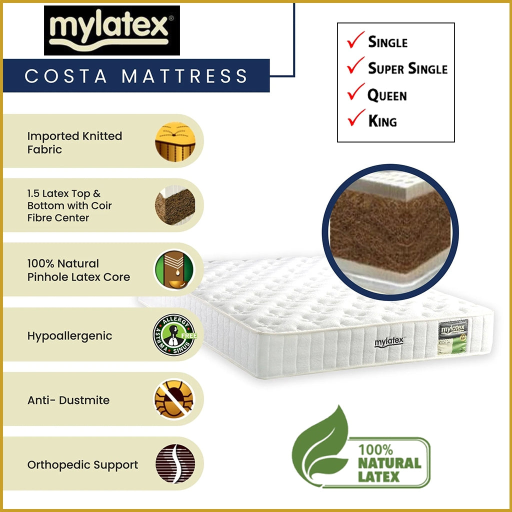 MyLatex COSTA 10" Natural Latex Rubberized Coconut Fibre Mattress - All Sizes Available