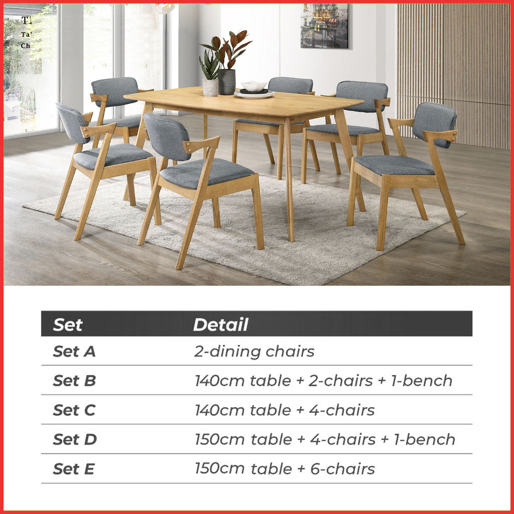 Xyrel Nordic Dining Set w/ Table, Chair & Bench Solid Rubber Wood in 3 Colours