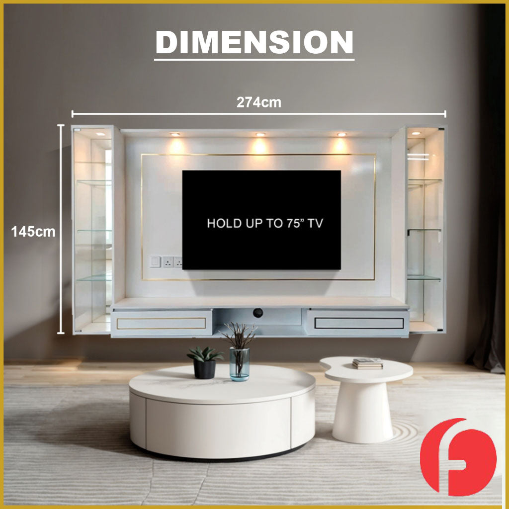 Wendy Hanging TV Console Floating with Socket, LED Light, Display Cabinet & Drawers