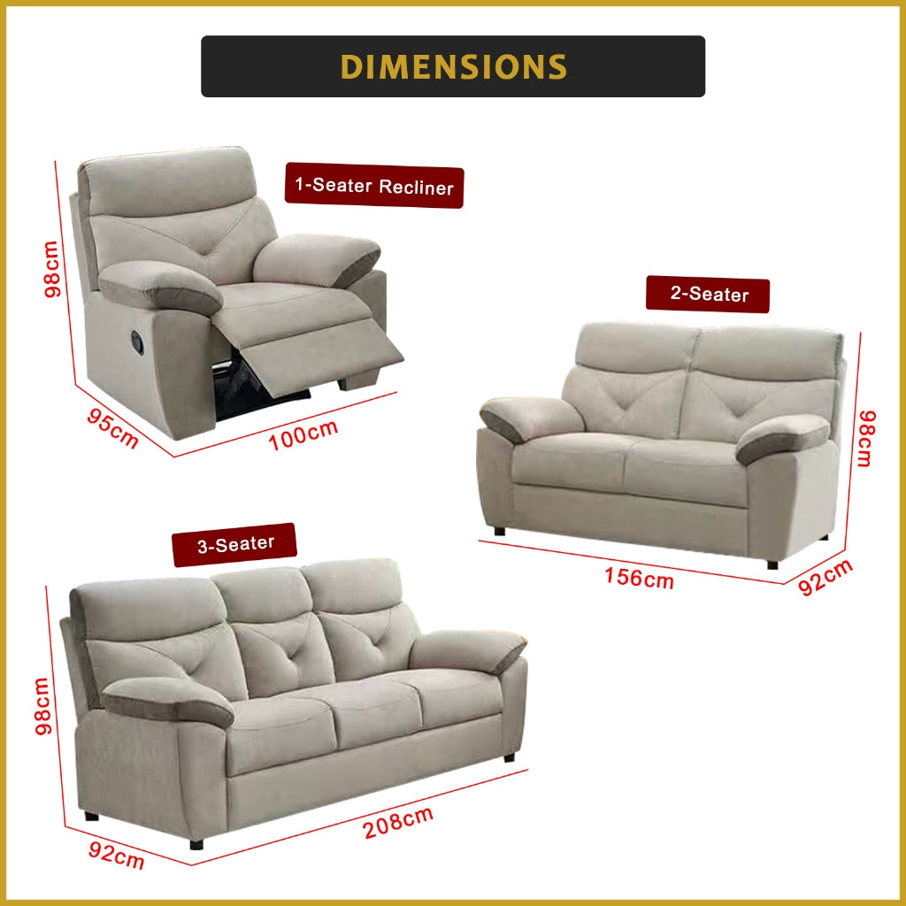 Mikee 1/2/3 Seater Recliner Sofa Set - PetFriendly Scratch-Resist