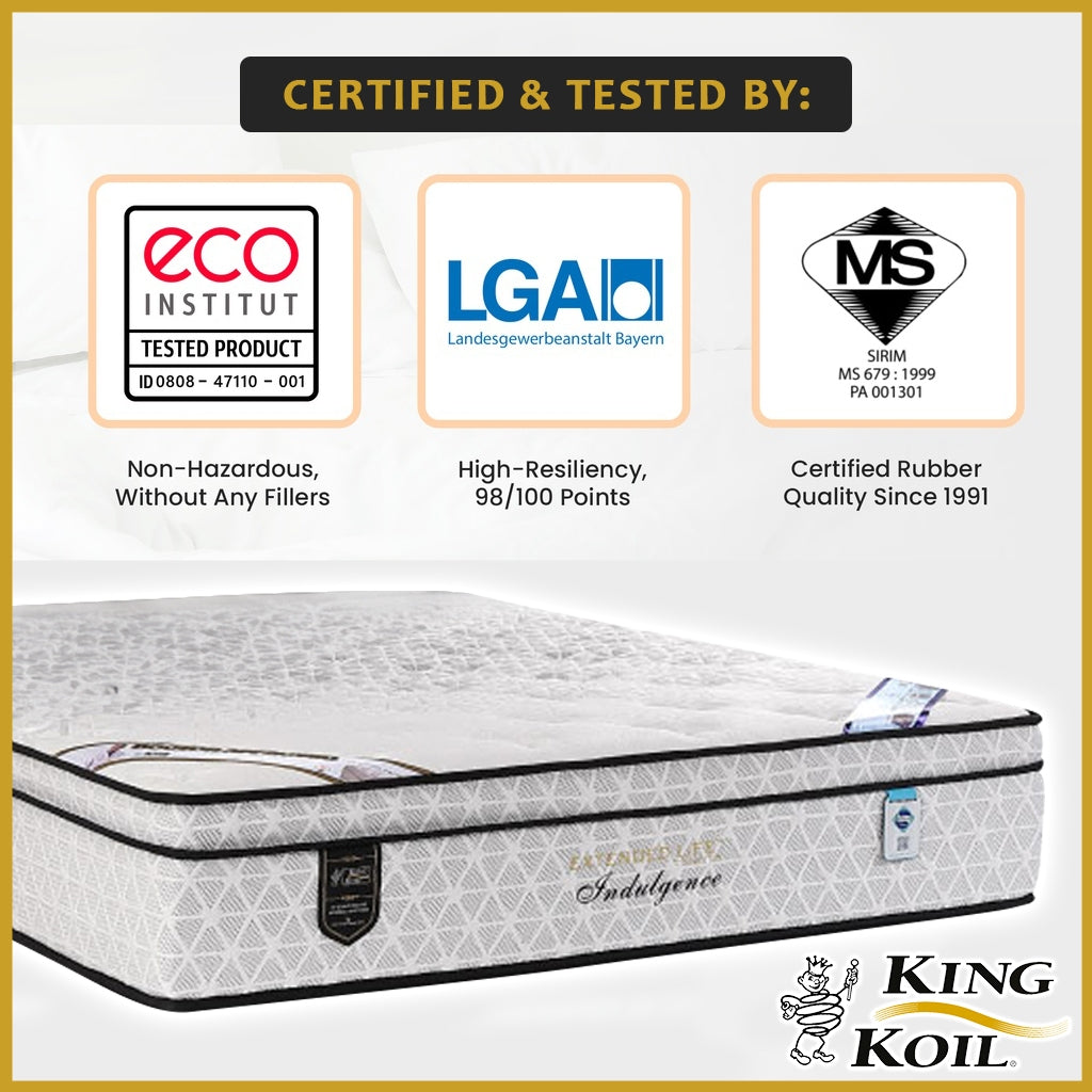 King Koil Indulgence 13.5" Mattress Chiro tech Coil Extended Life Collection - Bundle w/ Pillow - All Sizes