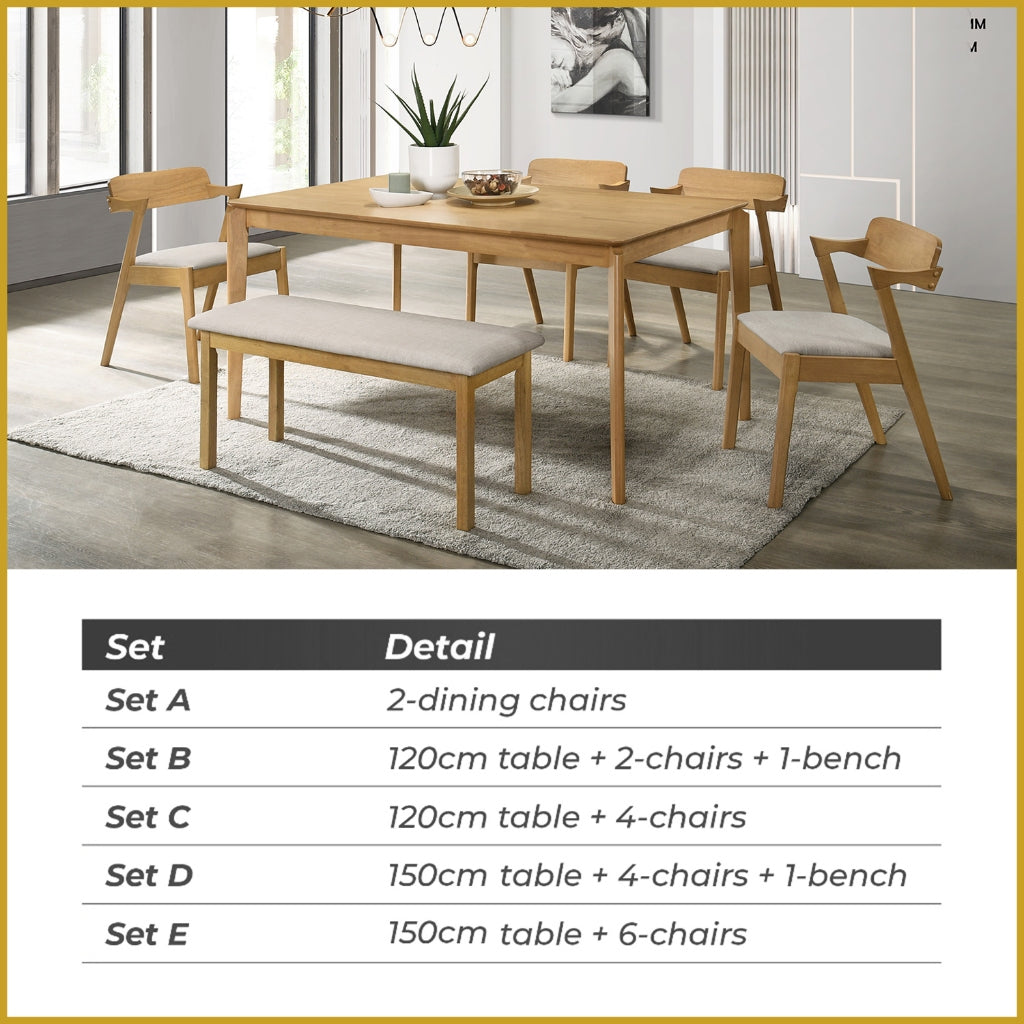 Raco 4/6 Seater Nordic Dining Set w/ Table, Chair & Bench Solid Rubber Wood in 3 Colours