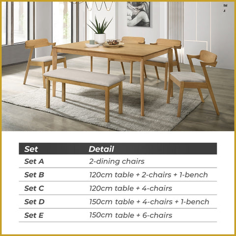 Image of Raco 4/6 Seater Nordic Dining Set w/ Table, Chair & Bench Solid Rubber Wood in 3 Colours