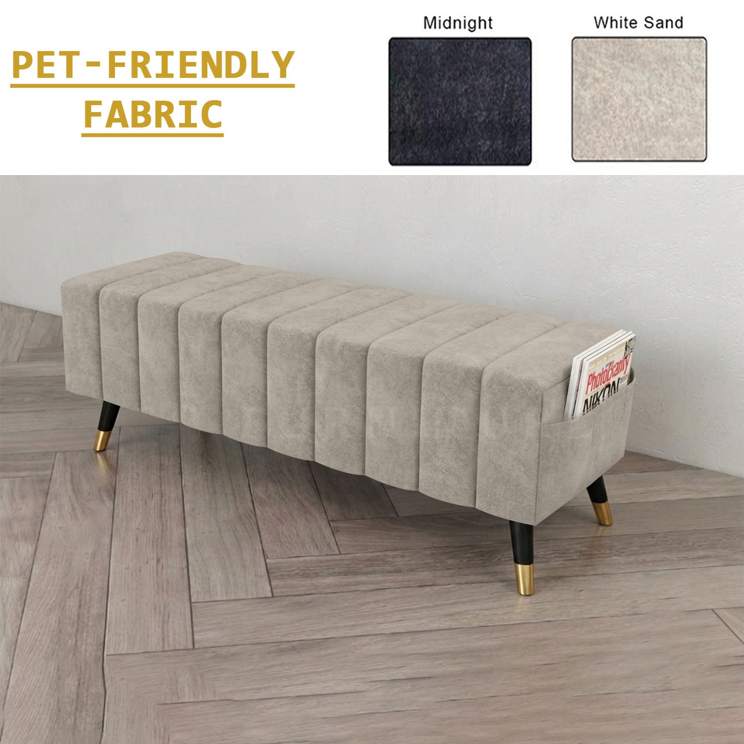Moon Long Bench Chair High Density with Side Storage - 8 Colours