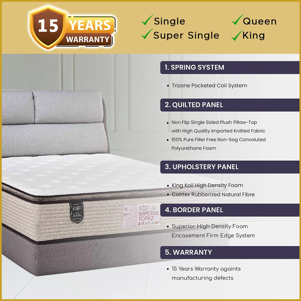 King Koil Imperial Topaz 13" Mattress Chiropractic Coil - Bundle w/ Pillow - All Sizes