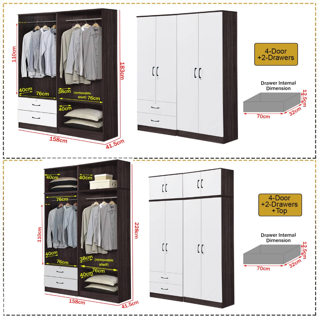 Rome Series 1/2/3/4/5 Doors Tall Wardrobe with Drawers and Top Cabinet in Walnut+White