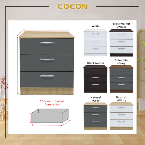 Image of Cocon Premium Bedside Table 3-Drawer Full Laminated Back Panel in 6 Colours