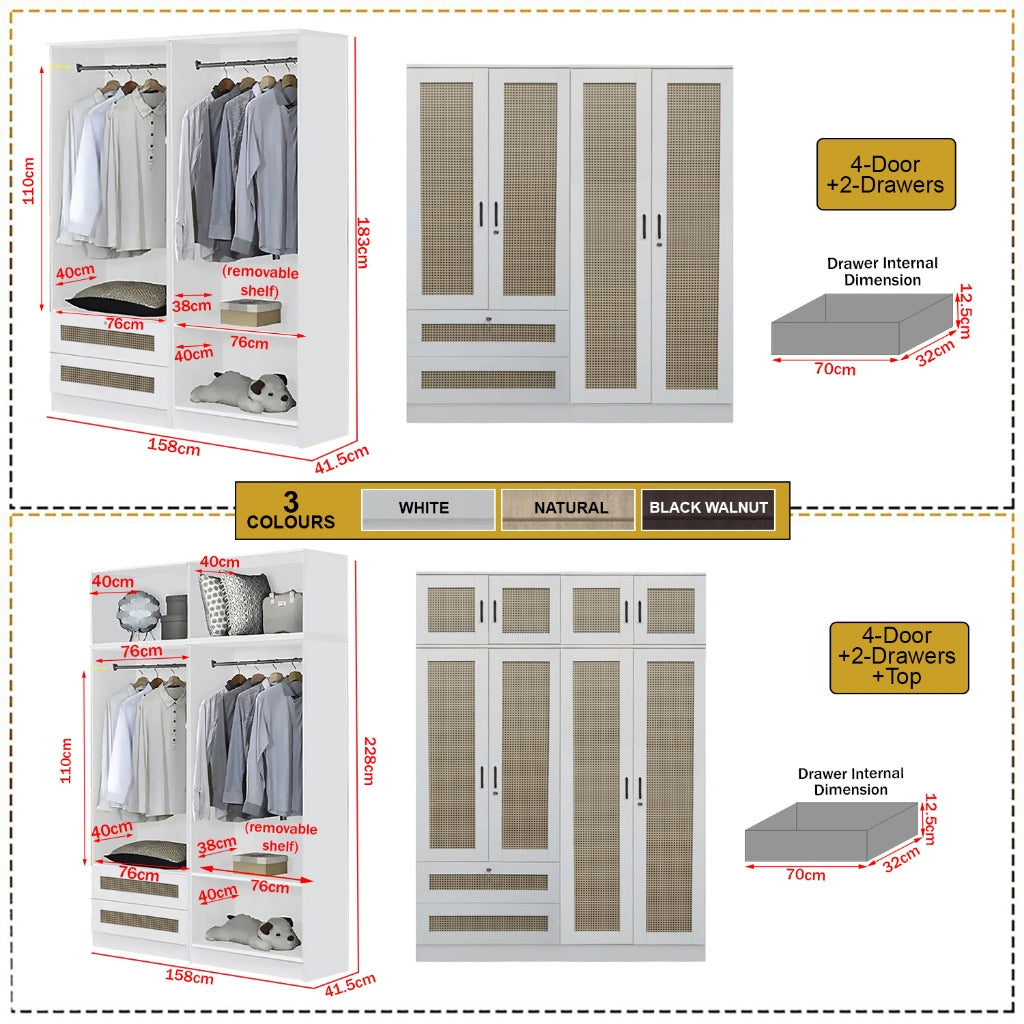CROATIA Series 1/2/3/4/5 Doors Wardrobe Rattan Design with Drawers and Top Cabinet