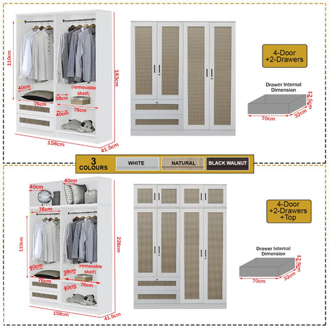 Image of CROATIA Series 1/2/3/4/5 Doors Wardrobe Rattan Design with Drawers and Top Cabinet