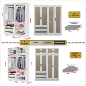 CROATIA Series 1/2/3/4/5 Doors Wardrobe Rattan Design with Drawers and Top Cabinet