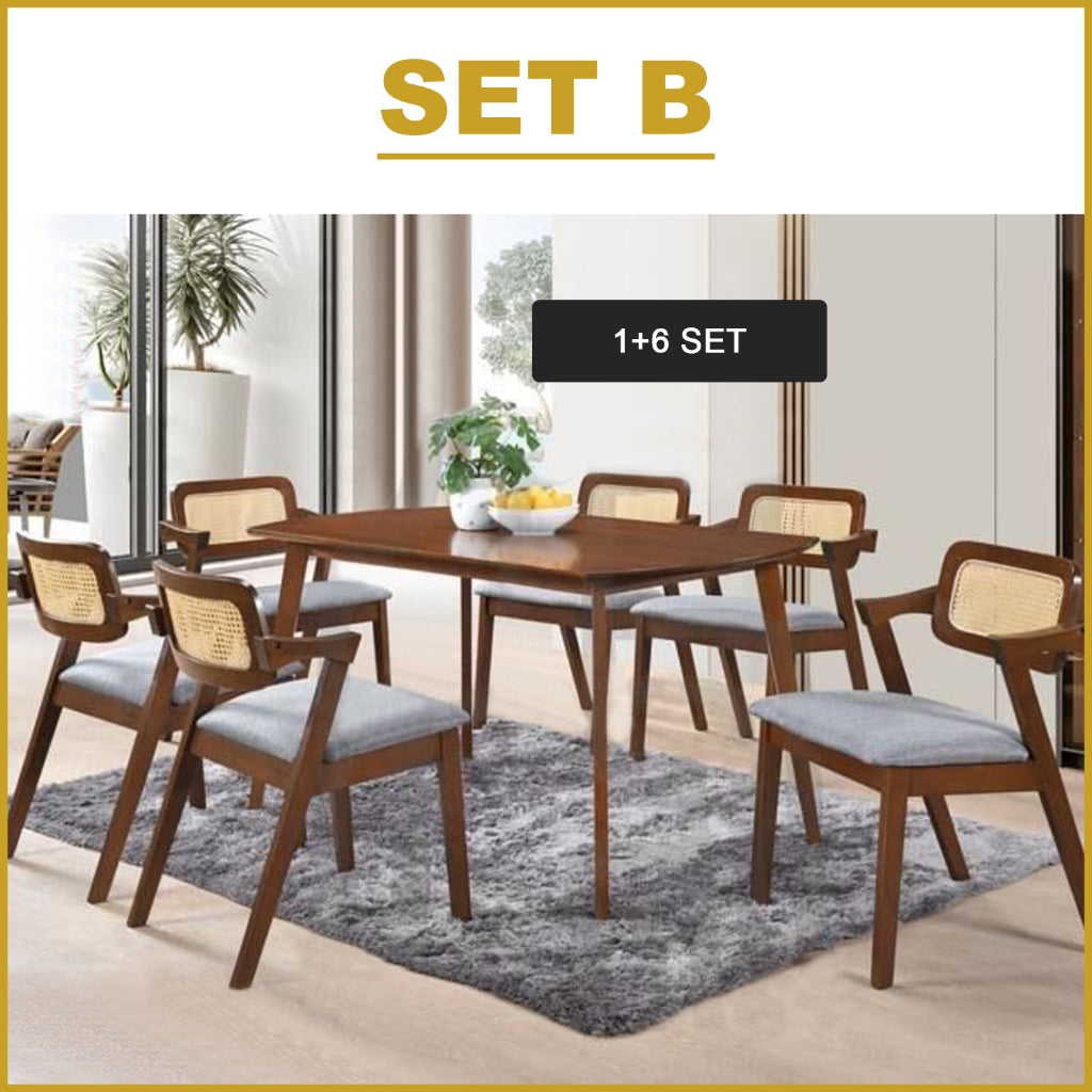 Willy 1+6 Dining Set w/ Table & Chair Solid Rubber Wood with Synthetic Rattan