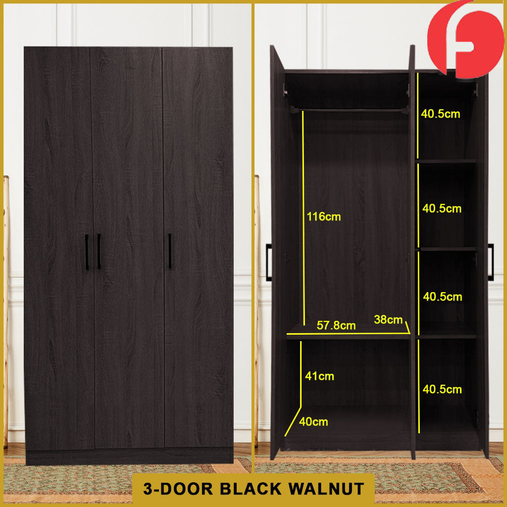 Percy Premium 3 Feet 3 Doors Wardrobe Laminated Back Panel - Free Install