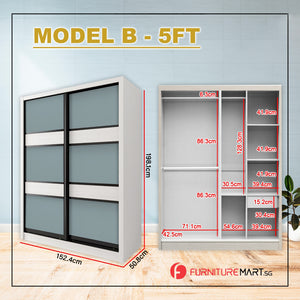 Gwen Series 4/5/6FT 2-Door Sliding Door Wardrobe in 5 Colours in 3 Design