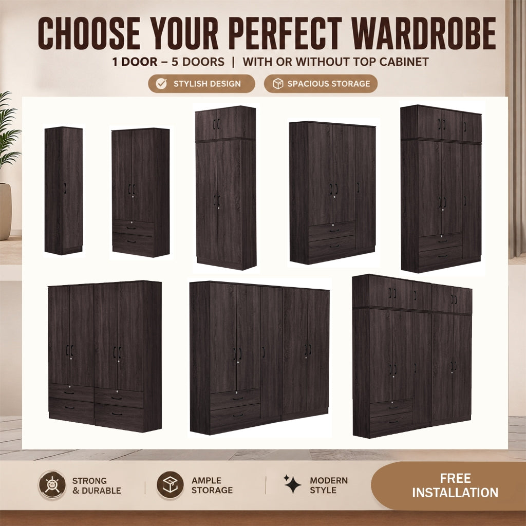 Britain CARB-P2 Certified Board 1-5 Door Tall Wardrobe with Drawers and Top Cabinet