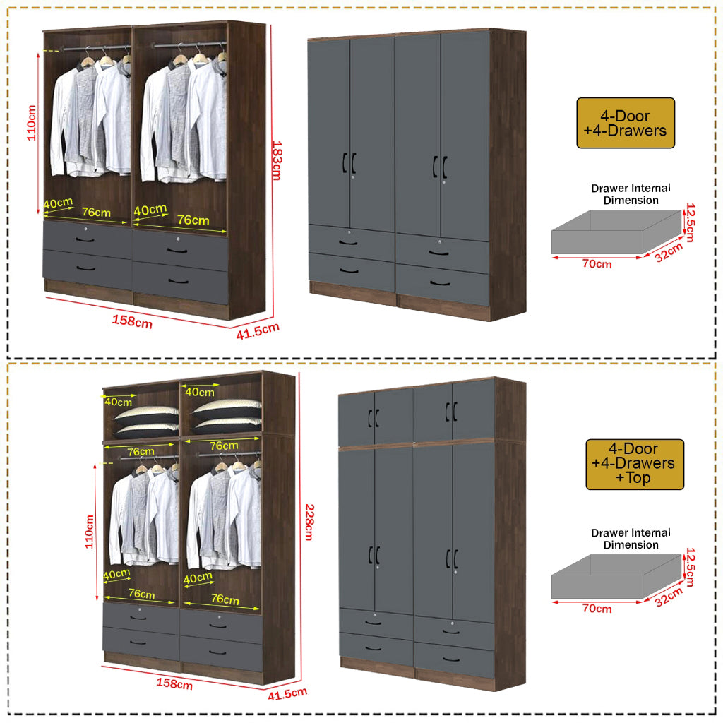 Paris Series 1/2/3/4/5 Doors Tall Wardrobe with Drawers and Top Cabinet in Columbia Grey