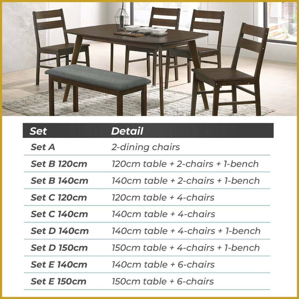 Jorgan 4/6 Seater Dining Set w/ Table, Chair & Bench Solid Rubber Wood in Walnut Colour
