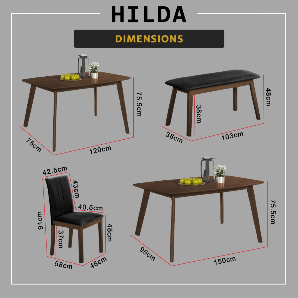 Hilda Solid Wood Dining Set Table with PU Leather Chair and Bench in 2 Colours