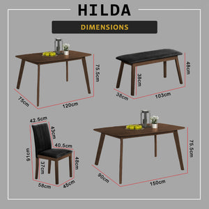 Hilda Solid Wood Dining Set Table with PU Leather Chair and Bench in 2 Colours