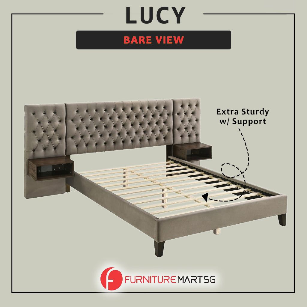 Lucy Queen/King Bed Frame Button Tufted with Side Panels & Floating Side Table in Grey Velvet Fabric