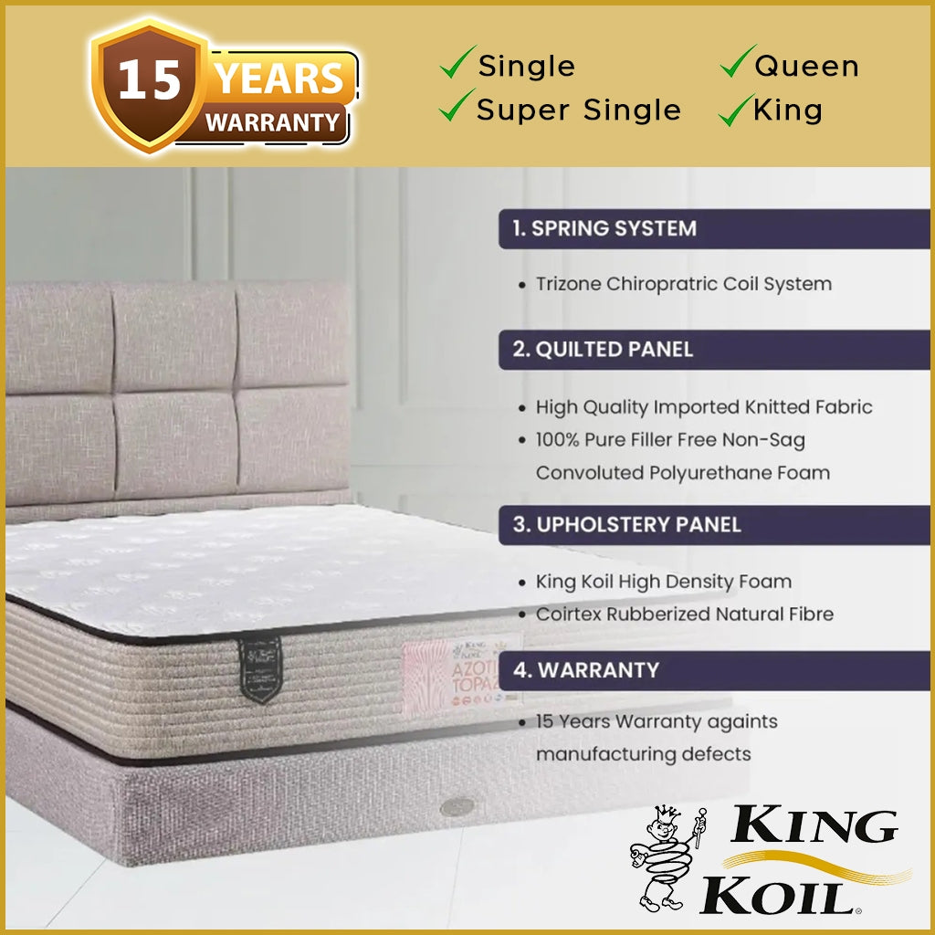 King Koil Azotic Topaz 10" Mattress Chiropractic Coil - Bundle w/ Pillow - All Sizes