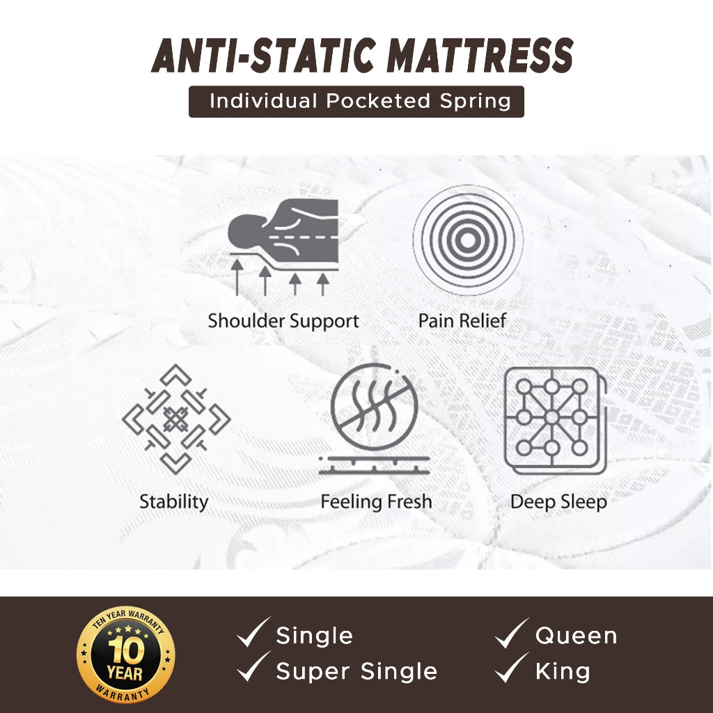 Diomire 10" LATEX Anti-Static Mattress Individual Pocketed Spring - All Sizes