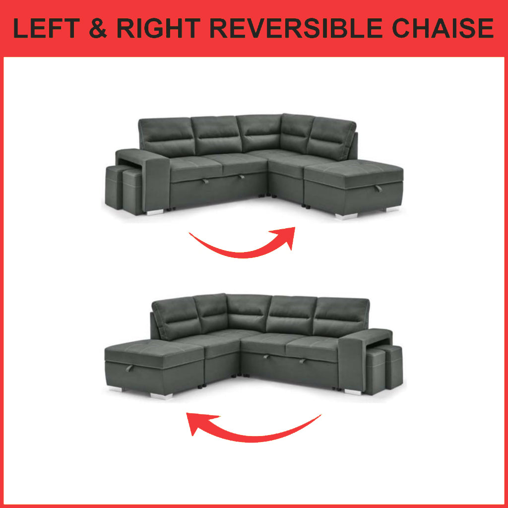 Jaylie Left-Right Reversible Sleeper Sectional Sofa with Ottoman Storage in Grey Pet Friendly Fabric