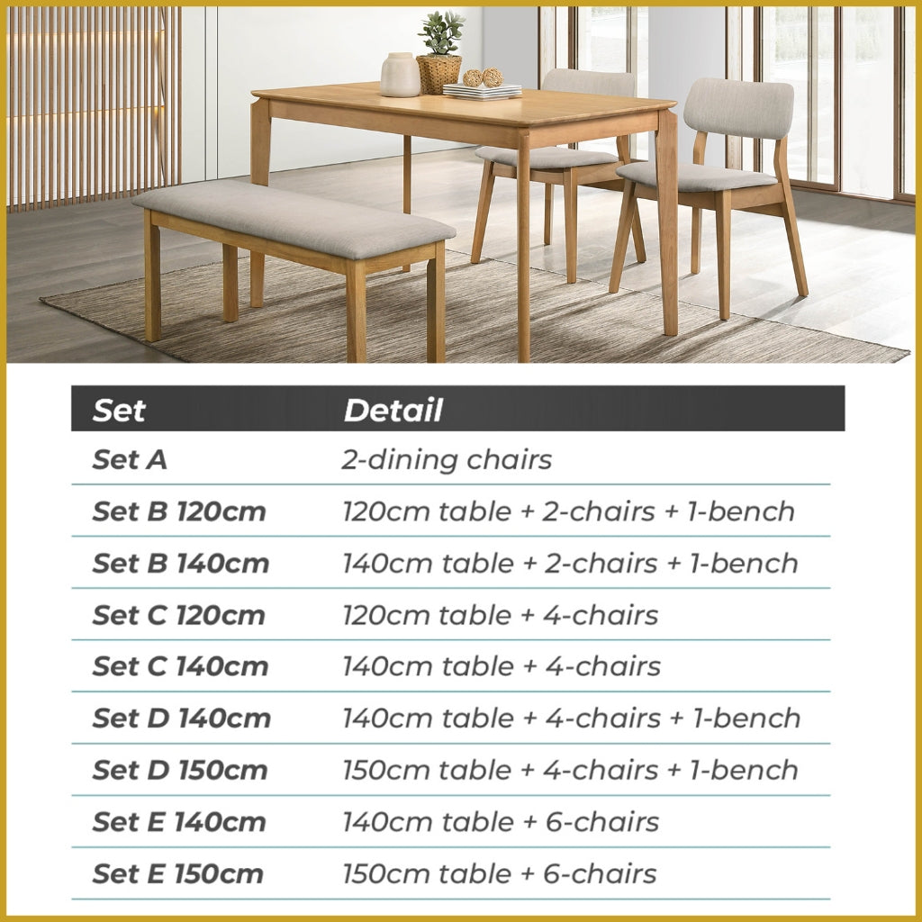 Wilton 4/6 Seater Dining Set w/ Table, Chair & Bench Solid Rubber Wood in 3 Colours