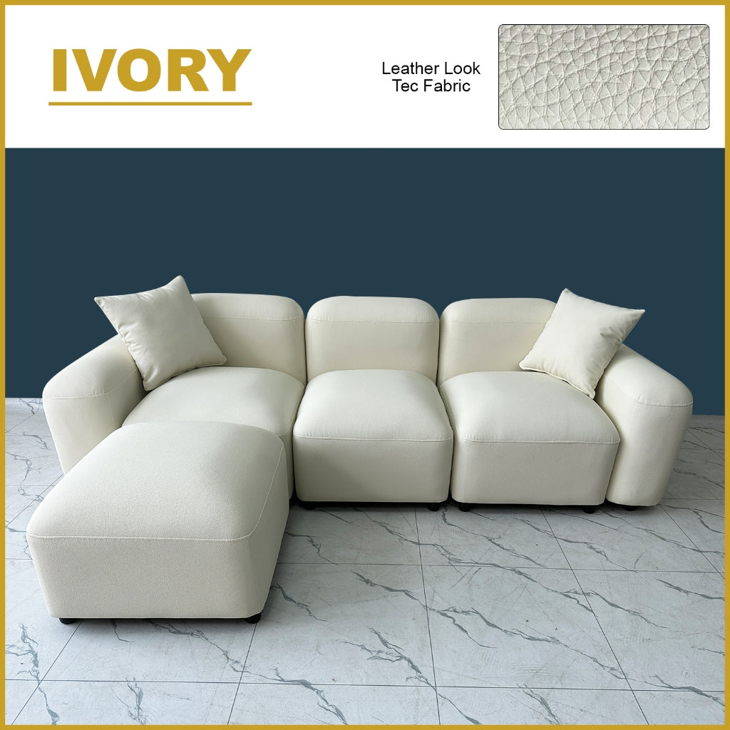 Momo Modular Sofa Pet-Friendly Scratch Resistant Leather Look Tec Fabric in Ivory or Grey