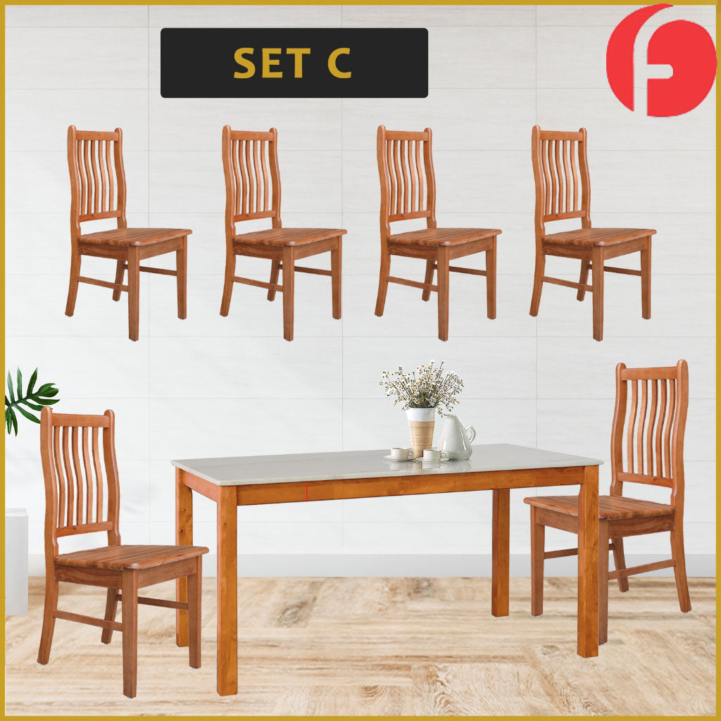 Kamila Dining Set with Table & Chairs 1+6 in Solid Wood Natural Marble Top Cherry/Walnut