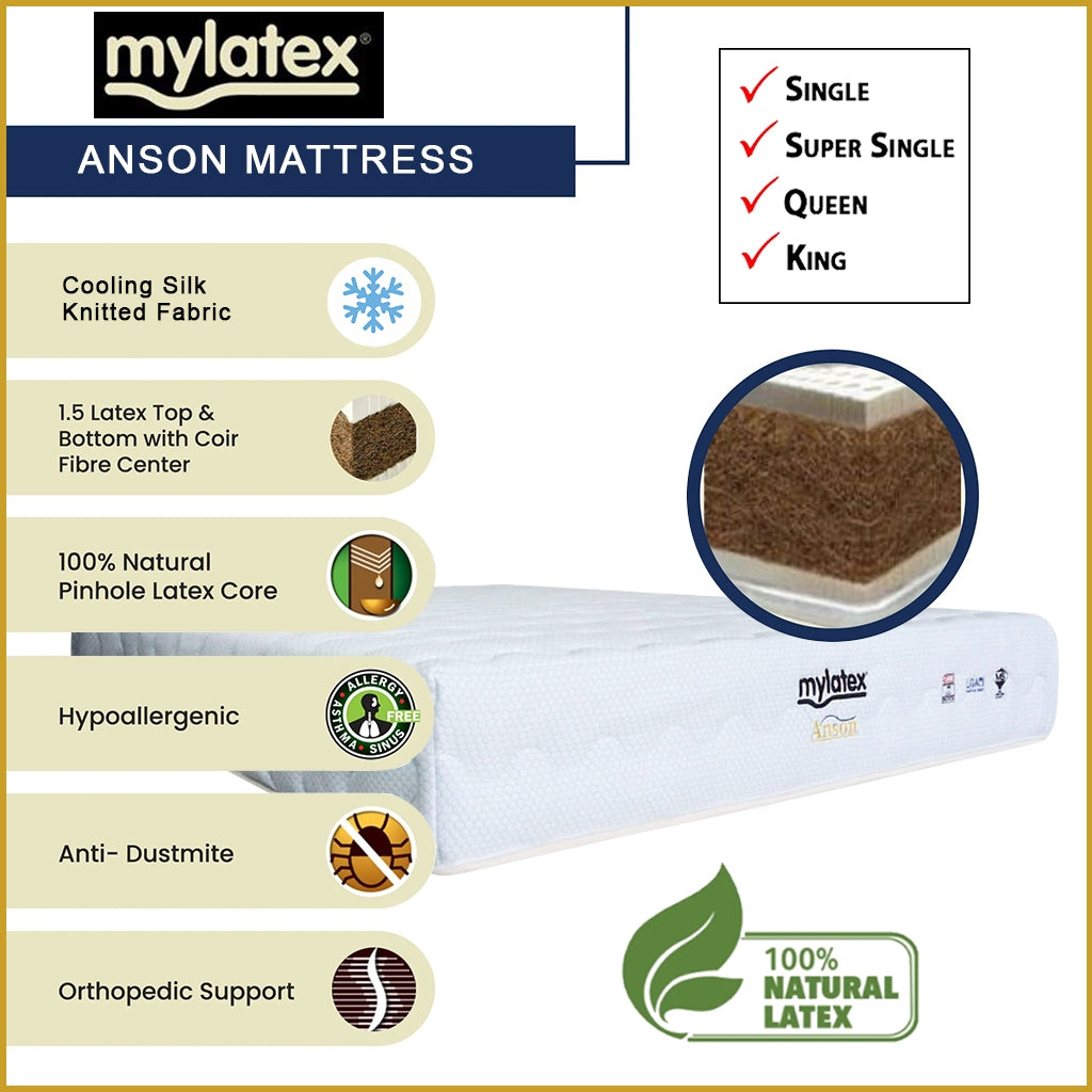 MyLatex ANSON 10" Natural Latex Mattress, Coconut Fibre, Cooling Silk Fabric - All Sizes