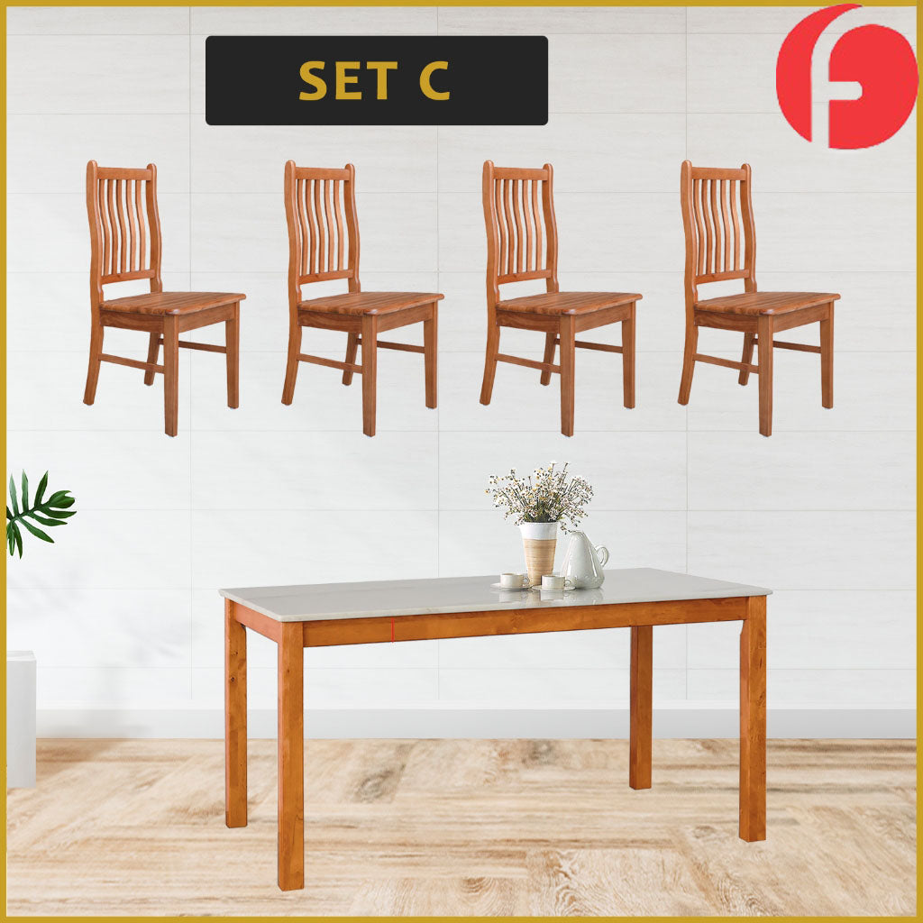 Jaime Dining Set w/ Table and Chairs 1+4 in Solid Wood Natural Marble Top Cherry/Walnut