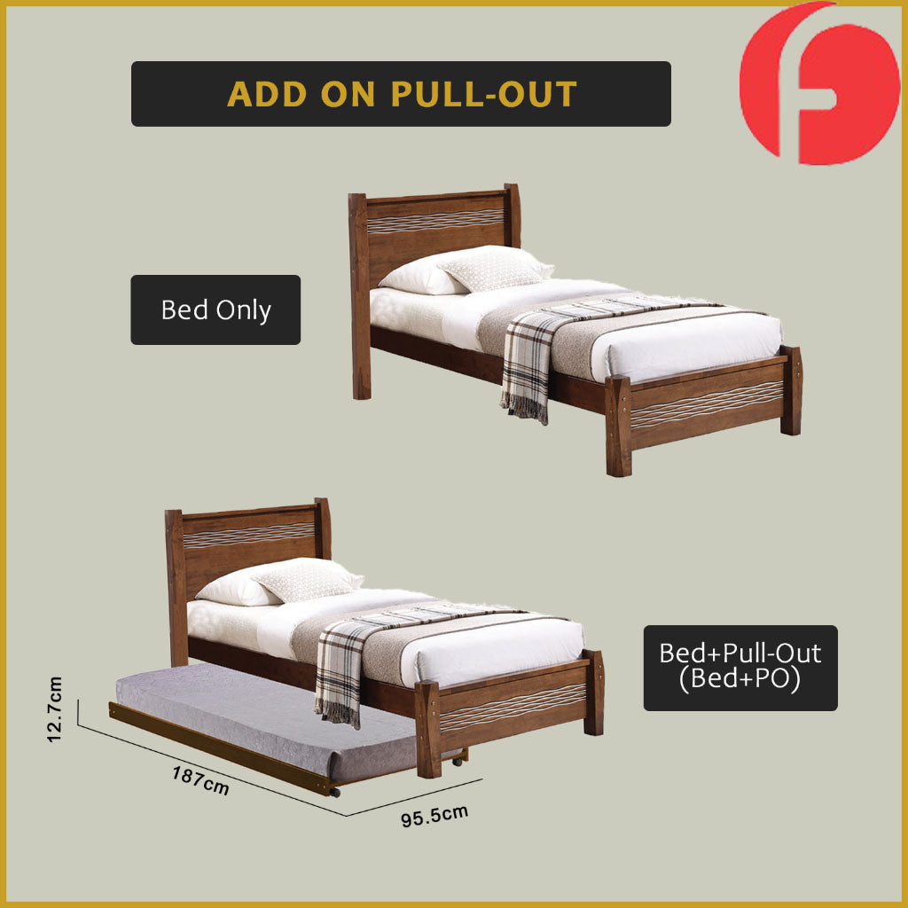 Marin Single Pull-Out Bedframe MDF + Veneer Solid Wood Slatted Base  - w/ Mattress Option