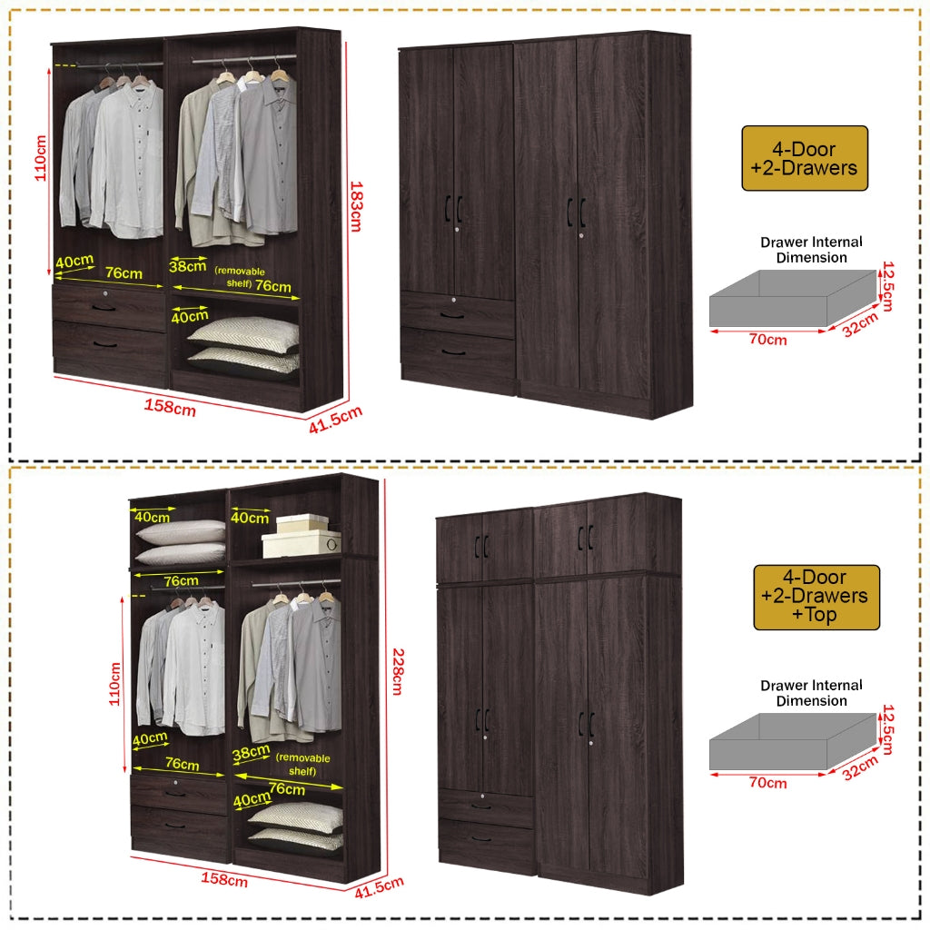 Britain Series 1/2/3/4/5 Doors Tall Wardrobe with Drawers and Top Cabinet in Black Walnut