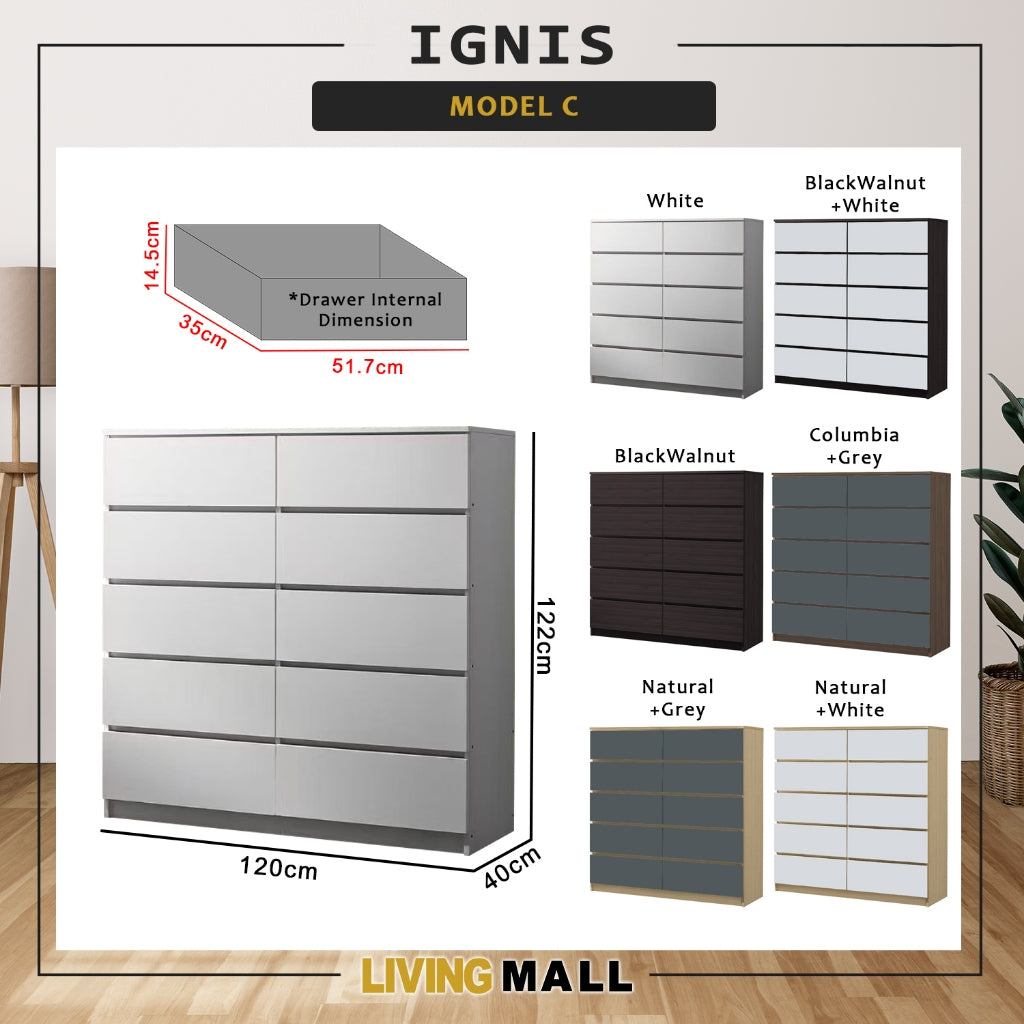 Ignos 10 Drawers CARB-P2 Certified Board Chest of Drawers Full Laminated Back Panel