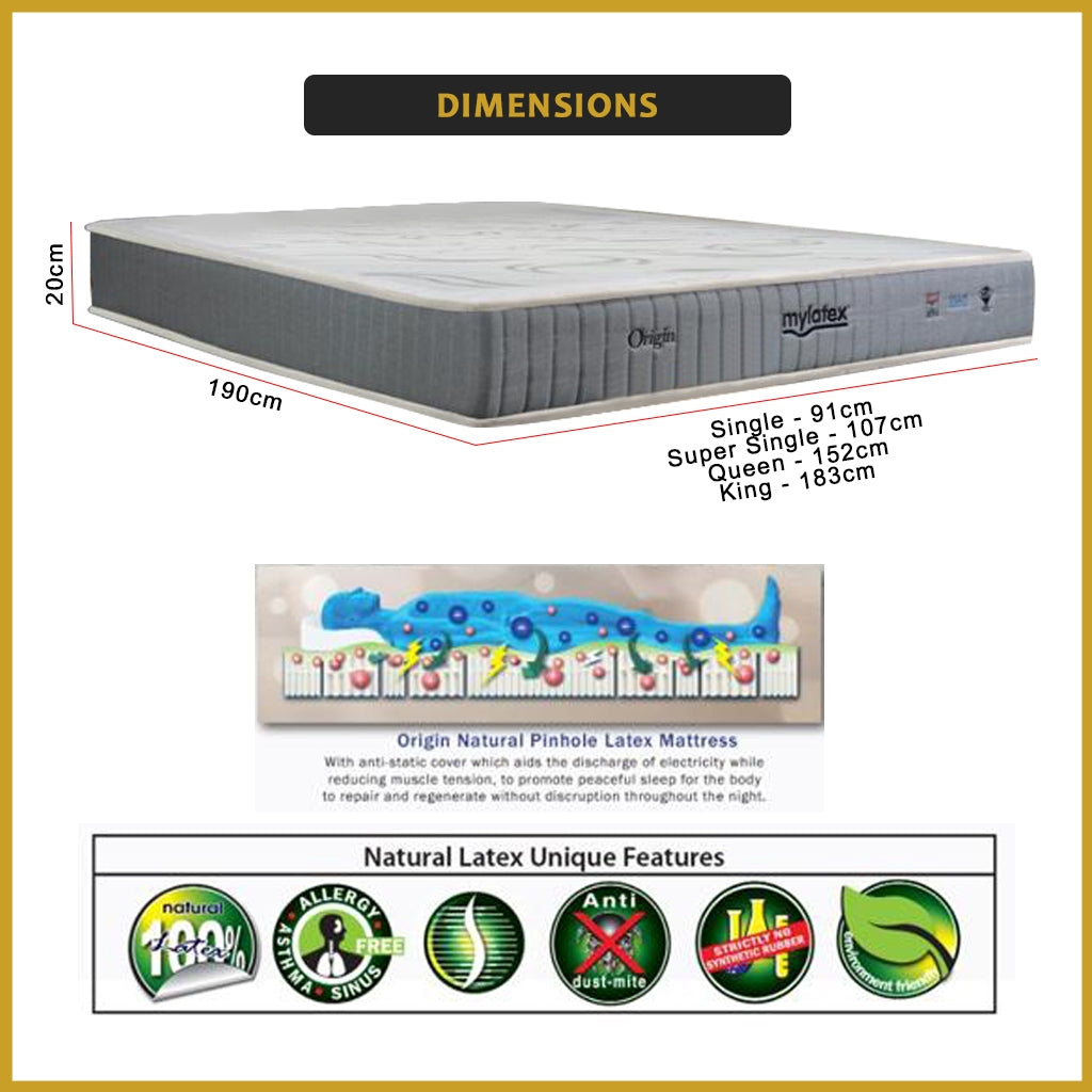 MyLatex 8" Origin Mattress Natural Latex & Anti-Static Fabric - All Sizes Available