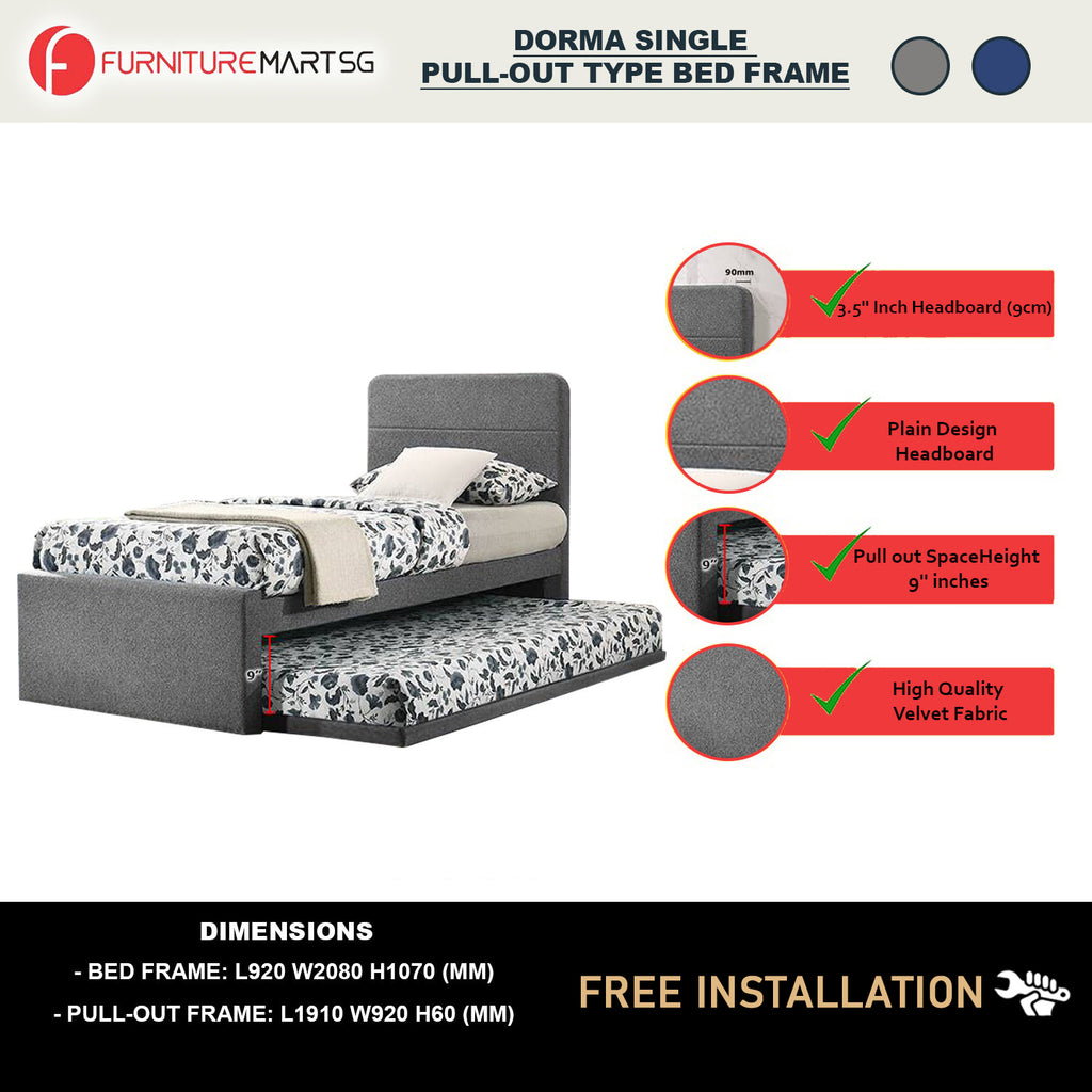 Dorma Single Divan + Pull-Out Type Bed Frame Fabric Upholstery in Blue Colour w/ Mattress Option